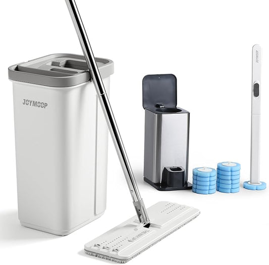 JOYMOOP Flat Mop and Bucket Set with Microfiber Pad, 12 Disposable Toilet Brushes with Stainless Steel Holder, Multi-Functional Cleaner for Household & Commercial Use, Floors, Windows & Toilets