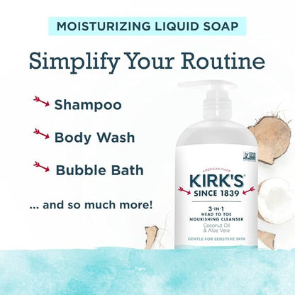 Kirk's Fragrance Free 3-in-1 Nourishing Cleanser, Shampoo Body Wash Bubble Bath, Coconut Oil and Aloe Vera, Vegan Non-GMO, 32 Fl Oz