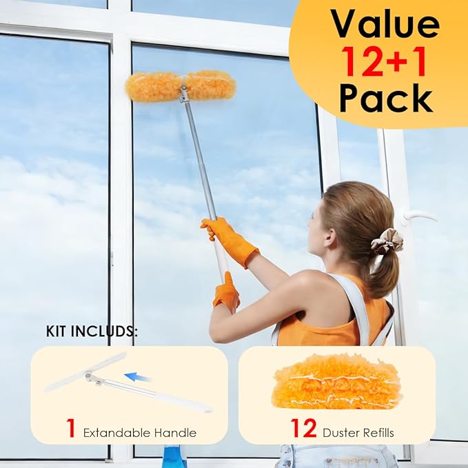Extendable Duster Kit, 6 ft Telescoping Handle and 12 Disposable Microfiber Refills Pads, Dusters for Cleaning Ceiling Fan, Blind, Wall, Hard-to-Reach Areas