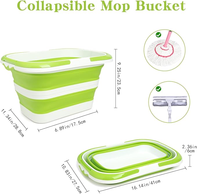 Large Collapsible Bucket for Cleaning, 4.2 Gallon (16L) Silicone Bucket with Handle & Hanging Hole, Foldable Space-Saving Mop Bucket for Home, Storage. Car Wash, Camping, Beach (Green White)