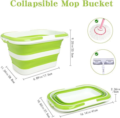 Large Collapsible Bucket for Cleaning, 4.2 Gallon (16L) Silicone Bucket with Handle & Hanging Hole, Foldable Space-Saving Mop Bucket for Home, Storage. Car Wash, Camping, Beach (Green White)