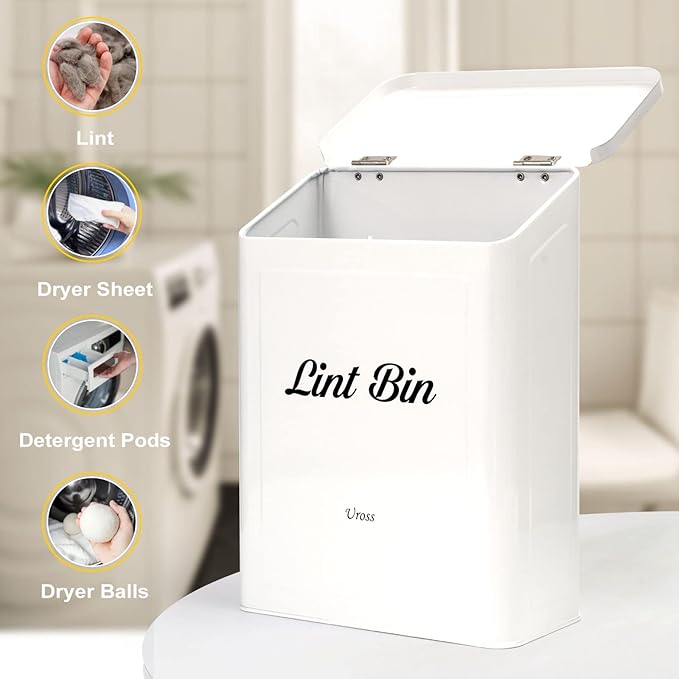 Uross Magnetic Lint Bin with Lint Brush, Metal Wall Mounted Dryer Lint Box Holder Keeper Organization with Lid, Stylish Laundry Room Decor -White