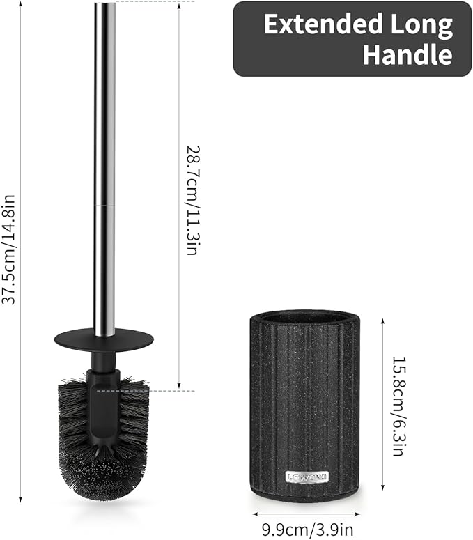 Toilet Bowl Brush and Holder, Durable Toilet Scrubber Bristles, Long Stainless Steel Handle, Ceramic Texture Toilet Brush and Holder Set, Deep Cleaning Toilet Brush for Bathroom, Black