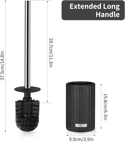 Toilet Bowl Brush and Holder, Durable Toilet Scrubber Bristles, Long Stainless Steel Handle, Ceramic Texture Toilet Brush and Holder Set, Deep Cleaning Toilet Brush for Bathroom, Black