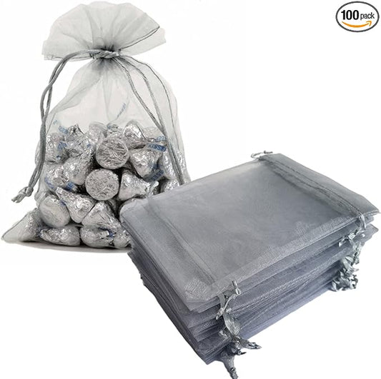 100 Pcs 5x7 Inch Gift Wrap Bags Grey,Organza Mesh Sheer Fabric,Drawstring Satin Ribbon Glitter Clear Tulle Sparkly Jewelry Sachet for Baby Shower Favor,Santa Claus Gift,Wedding decoration,Candy