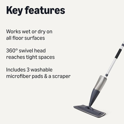 Amazon Basics Dry and Wet Floor Spray Mop, 360-Degree Swivel Spray Mop for Hardwood, Tile, Laminate, Vinyl Floor Cleaning with 16.9 oz Refillable Tank, 49-inch, 3-Pack Washable Microfiber Pads