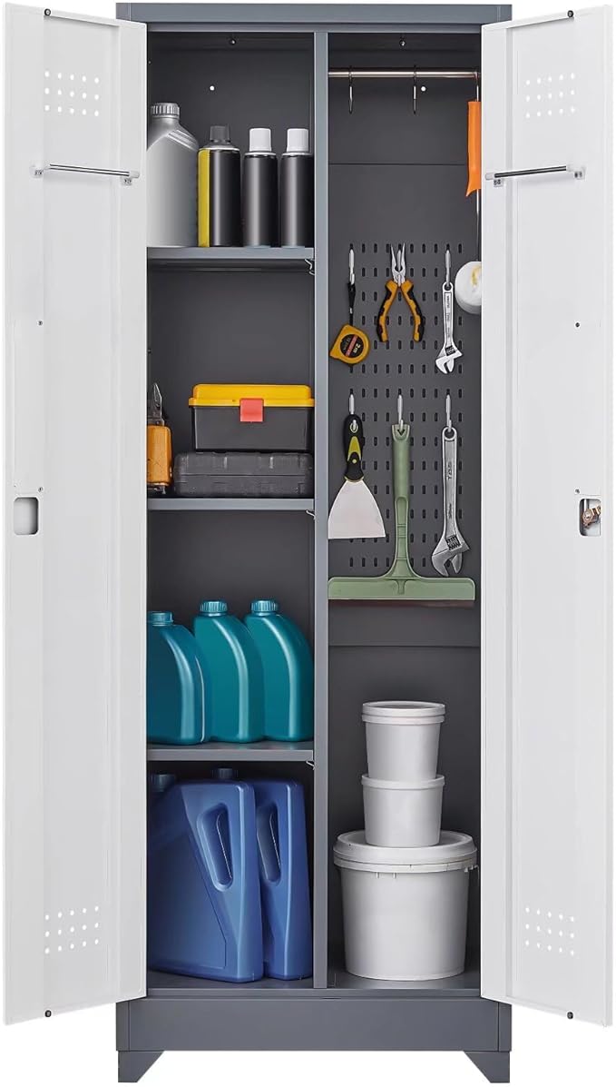 65"H Metal Broom Closet Storage Cabinet, Freestanding Garage Storage Cabinet with Hanging Rod and Locking Doors, Bathroom Storage Cabinet, Cleaning Tool Cabinet for Garage Patio Garden, Grey White