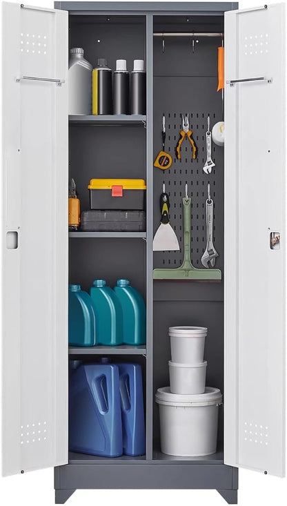65"H Metal Broom Closet Storage Cabinet, Freestanding Garage Storage Cabinet with Hanging Rod and Locking Doors, Bathroom Storage Cabinet, Cleaning Tool Cabinet for Garage Patio Garden, Grey White