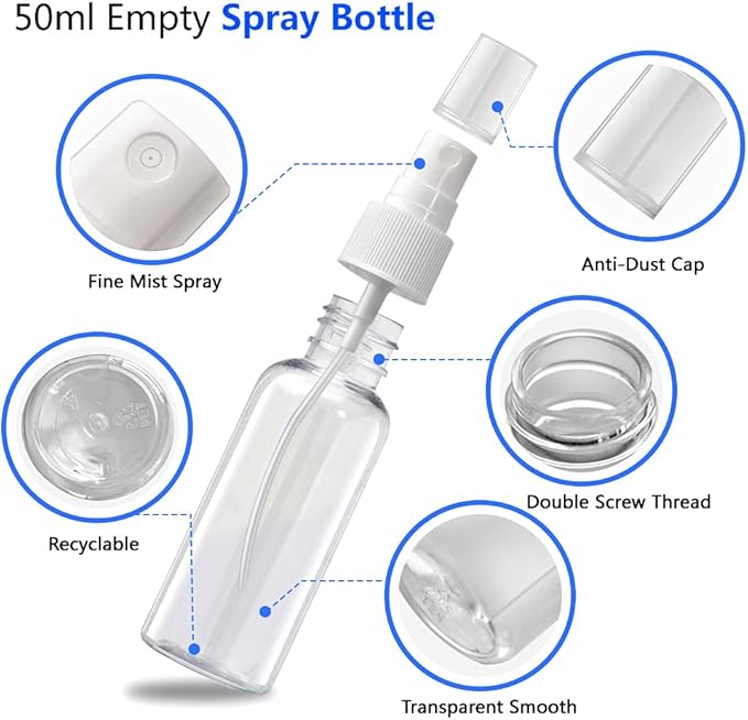 Mini Spray Bottles, 2oz/50ml Small Spray Bottle, Plastic Travel Spray Bottle for Liquids, Refillable Hand Spritzer Bottles for Liquids, Clear Alcohol Spray Bottles with Small Funnel and Bottle Labels