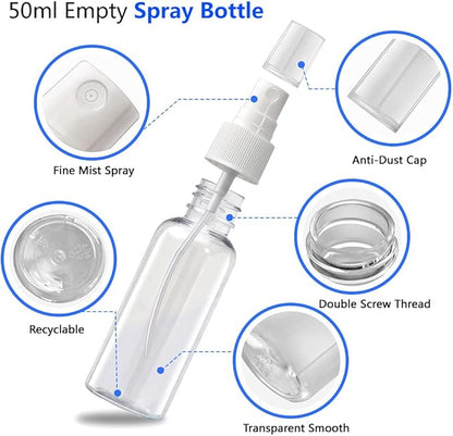 Mini Spray Bottles, 2oz/50ml Small Spray Bottle, Plastic Travel Spray Bottle for Liquids, Refillable Hand Spritzer Bottles for Liquids, Clear Alcohol Spray Bottles with Small Funnel and Bottle Labels