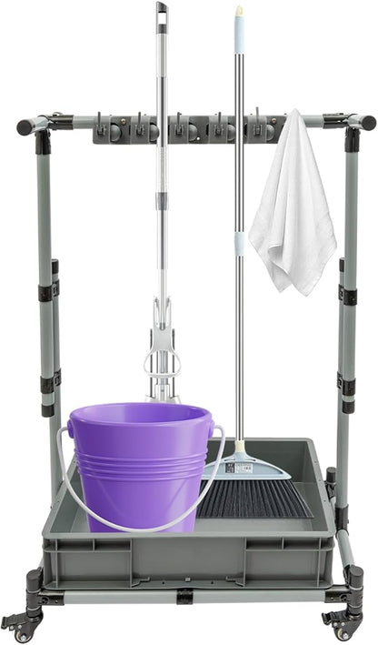 Broom and Mop Holder, Movable Floor-Mounted Mop Rack, Adjustable Height Freestanding Cleaning Tool Cart, Cleaning Supplies Organizer Holder w/10 Mop Slots for Garage Schools Hospitals Hotels