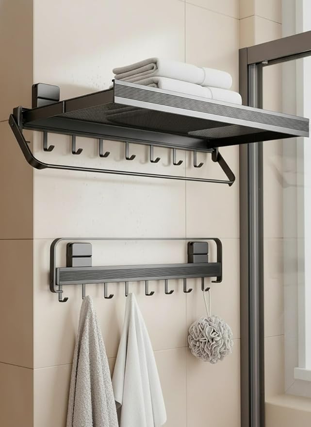 Retractable Wall Mounted Bathroom Clothes Rack with Foldable Towel Bar,6 Movable Hooks and Underwear Drying Net,Space Saving Organizer (Gray)