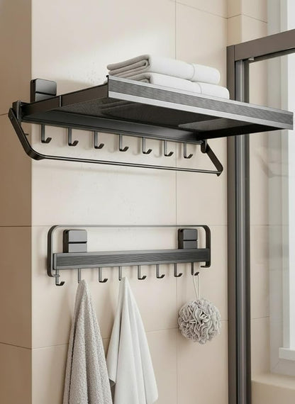 Retractable Wall Mounted Bathroom Clothes Rack with Foldable Towel Bar,6 Movable Hooks and Underwear Drying Net,Space Saving Organizer (Gray)