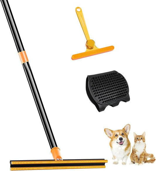 3 in 1 Carpet Rake for Pet Hair Removal Tool, 51” Adjustable Long Handle Pet Hair Removal Broom, Pet Grooming Brush, Cat Dog Hair Remover Carpet Scraper for Rugs, Mats