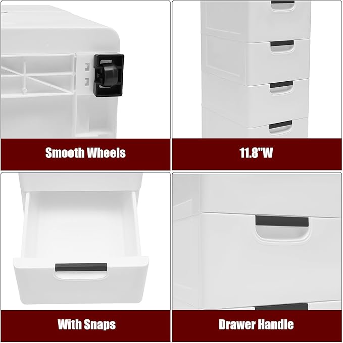 Plastic Drawers Dresser Storage Cabinet with Wheels,5 Drawer Stackable Vertical Clothes Storage Tower,Organizer Unit for Bathroom Entryway Living Room,White