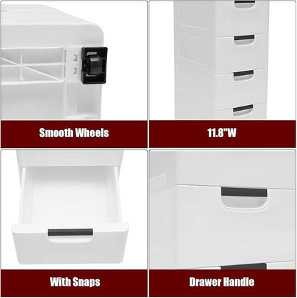 Plastic Drawers Dresser Storage Cabinet with Wheels,5 Drawer Stackable Vertical Clothes Storage Tower,Organizer Unit for Bathroom Entryway Living Room,White