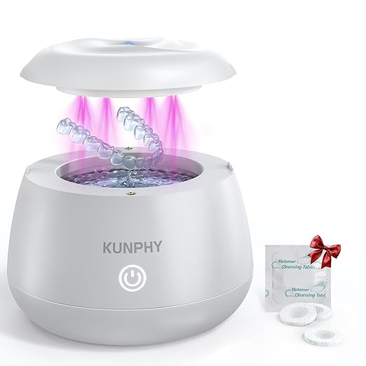 KUNPHY Ultrasonic Retainer Cleaner Machine, 48kHz Dental Cleaning Pod for Braces, Night Guard, Mouthguard, Toothbrush, Denture, Jewelry White