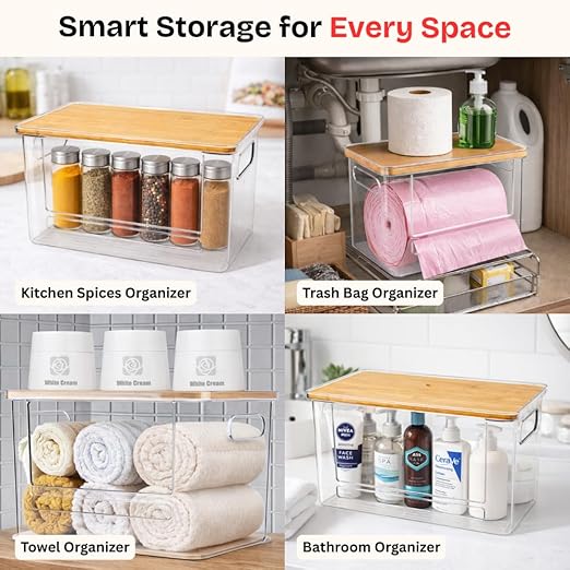 Trash Bag Dispenser with Front Opening, Stackable Garbage Bag Holder for Kitchen & Home, Fits 1 Gallon Bags, Includes Reusable Gloves, Adhesive Anti-Slip Pads & 15 Trash Bags–Large Organizer
