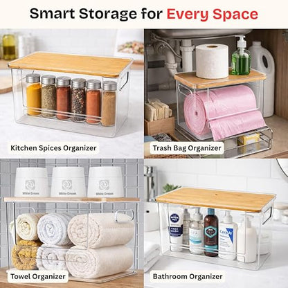 Trash Bag Dispenser with Front Opening, Stackable Garbage Bag Holder for Kitchen & Home, Fits 1 Gallon Bags, Includes Reusable Gloves, Adhesive Anti-Slip Pads & 15 Trash Bags–Large Organizer