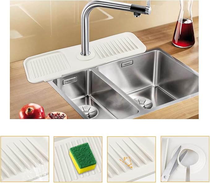 Sink Splash Guard, Silicone Sink Faucet Mat Sink Accessories Faucet Absorbent Mat for Kitchen, Bathroom, Sink Sponge Holder (White)