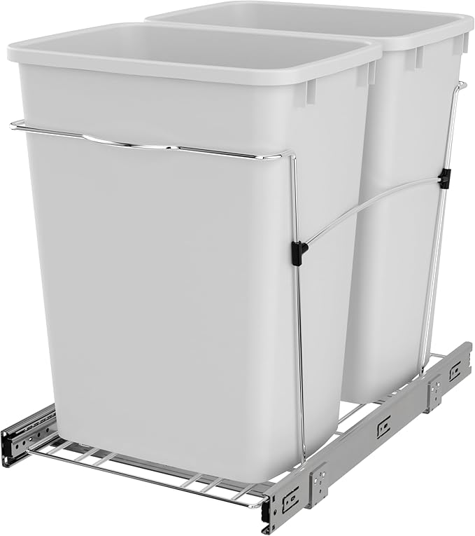 Rev-A-Shelf Double 35 Qt Pullout Trash Can for Base Kitchen Cabinets, Garbage Waste Bin System with Full-Extension Slides, Min Opening Width of 14.5" White/Chrome, RV-18KD-11C S