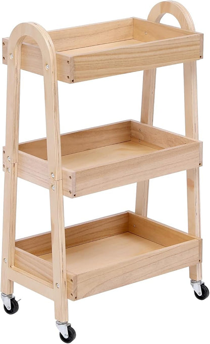 3-Tier Wooden Rolling Cart- Wooden Utility Cart wit Wheels- Utility Rolling Cart-Storage Trolley Organizer- Rolling Kitchen Cart Serving Cart for Office,Kitchen, Kids' Room (natural wood color)