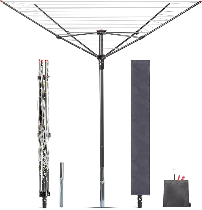 STORAGE MANIAC Outdoor Umbrella Drying Rack, 12 Lines with 164 Feet Drying Space, Steel Frame & Adjustable Height, 4-arm Umbrella Clothesline for Laundry, Collapsible Clothes Drying Rack for Backyard