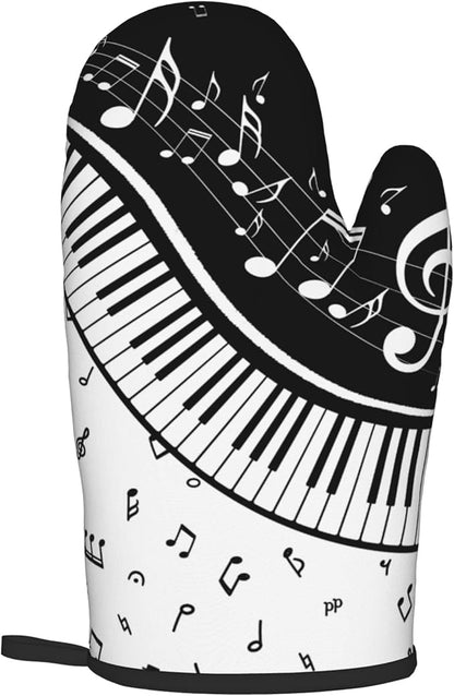 Oven Mitt and Pot Holders Sets - Music Kitchen Mitts Black White Piano Oven Gloves Hot Pads Set of 2 for Cooking BBQ Baking Grilling