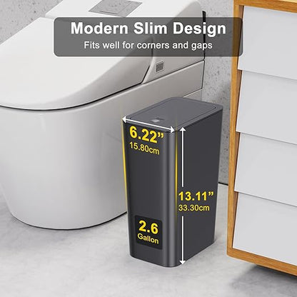 N. NETDOT 3 Pack 10 Liter Small Trash Can with lid, 2.6 Gallon,Garbage Can Slim Trash Bin Waste Basket for Bathroom,Kitchen,Bedroom,Living Room,Office,Laundry - Black