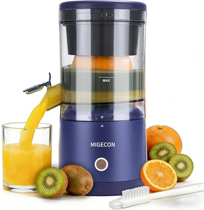 MIGECON Electric Citrus Juicer Machine, Orange Juicer with USB and Cleaning Brush, Portable Electric Juicer, Easy to Clean, for Lemons, Limes, and Grapefruit, Dark Blue