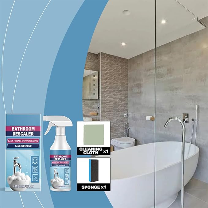 Powerful Bathroom Descaler Spray - Multi-Surface Cleaner for Hard Water Stains, Soap Scum, and Dirt on Tiles, Tubs, Toilets, Sinks, and Kitchen Surfaces (120ml, with Cleaning Cloth & Sponge)