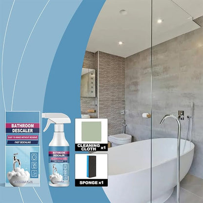 Powerful Bathroom Descaler Spray - Multi-Surface Cleaner for Hard Water Stains, Soap Scum, and Dirt on Tiles, Tubs, Toilets, Sinks, and Kitchen Surfaces (120ml, with Cleaning Cloth & Sponge)