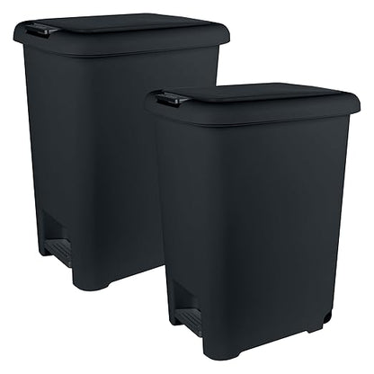 Superio 2-Pack 45L Slim Step & Push Trash Can with Wheels - Dual Opening, Space-Saving Design (17.52"x13.07"x22.24") - Black