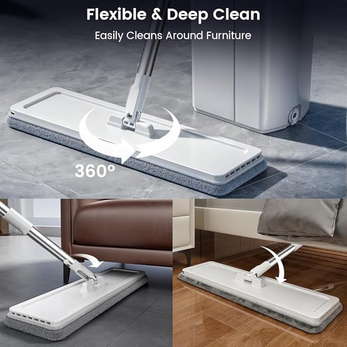 Mop and Bucket Set with Dirty Water Separation, Flat Mop System Auto-Separates Clean & Used Water, 50" Adjustable Handle, 4 Reusable Microfiber Pads for Home Floor Cleaning