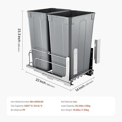 VEVOR Pull-Out Trash Can, 50 QT x2 Double Under Mount Kitchen Waste Container, Heavy Duty Garbage Recycling Bin with Door Kit and Soft Close Slide, for Kitchen Cabinet, Sink, Under Counter (Grey)