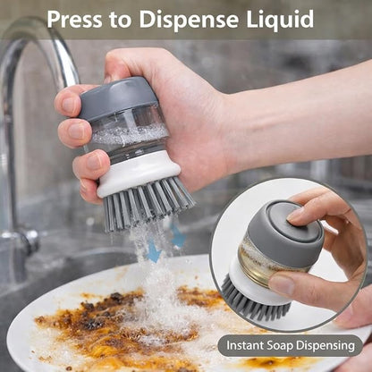 Soap Dispensing Dish Scrubber Brush with Storage Bracket - Replaceable Palm Brush for Kitchen Pot, Pan and Sink Cleaning, Drainage Base, Dish Washing Brush, Kitchen Brush for Cleaning