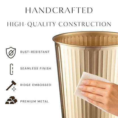 Monarch Abode Metal Bathroom Trash Can – Waste Basket for Bedroom, Office Desk, & Dorm, Handcrafted Ridge Embossed, Durable Decorative Brushed Gold Small Trash Can Bathroom Garbage Bin Wastebasket