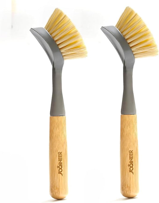 JOQINEER 2 Pack Kitchen Dish Brushes with Bamboo Handle, Dish Scrubber Built-in Scraper, Scrub Brush for Pans, Pots, Counter & Kitchen Sink Cleaning, Dishwashing and Cleaning Brush Tools
