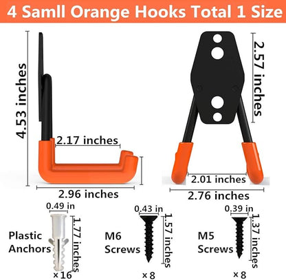 Garage Utility Double Hooks,Heavy Duty Steel Wall Mount Storage Organizer with Anti-Slip Coating,Load Capacity 66 LB (4 Pack Orange 3" U Hook)