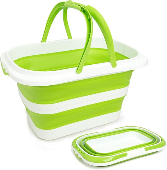Large Collapsible Bucket for Cleaning, 4.2 Gallon (16L) Silicone Bucket with Handle & Hanging Hole, Foldable Space-Saving Mop Bucket for Home, Storage. Car Wash, Camping, Beach (Green White)