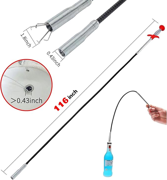118 Inch Drain Snake, Drain Clog Remover Flexible Grabber Claw Pick Up Reacher for Toilet Sewer Shower Kitchen Bathroom Tub Drain Cleaner