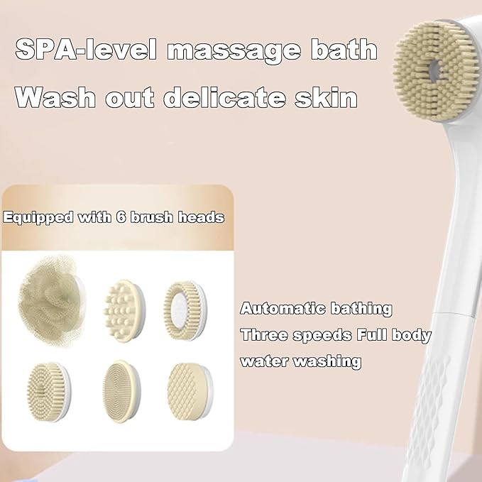 Electric Back Scrubber for Shower Body Brush, Waterproof Shower Body Scrubber for Cleansing, Massaging, Rechargeable Spinning Bath Brush for Kids & Adults with 6 Heads & 3 Speed Modes