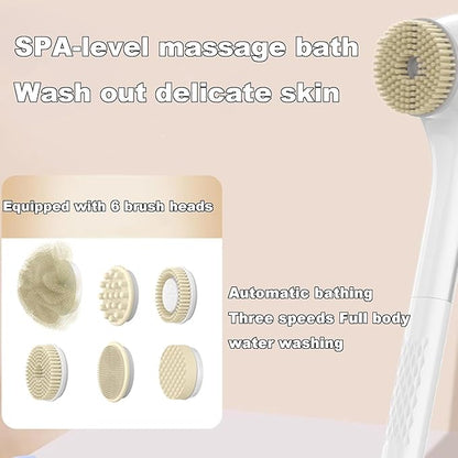 Electric Back Scrubber for Shower Body Brush, Waterproof Shower Body Scrubber for Cleansing, Massaging, Rechargeable Spinning Bath Brush for Kids & Adults with 6 Heads & 3 Speed Modes