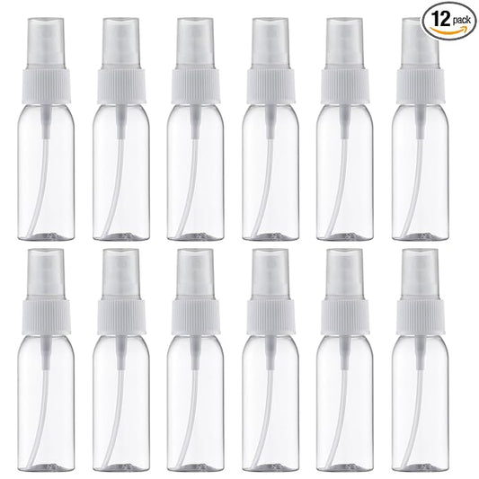 LISAPACK Plastic 1oz Spray Bottles Empty Small Mini Fine Mist Travel Size Atomizer, Tiny Sprayer for Little Perfume, Water, Cologne, Alcohol, Samples (12pcs, clear, 30ml)