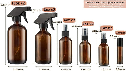 14 Pack amber glass bottle Set,Empty Boston Round Bottles with Adjustable Nozzle,Multi Size and Versatile(16oz,8oz,4oz,2oz,1oz) x 2, 10 ml Roller Bottle x 4 with Labels