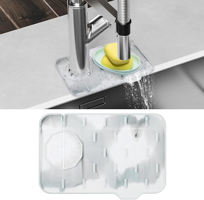 Dimeho Sink Faucet Splash Guard Mat Silicone Soap Dish Pad Faucet Handle Drip Catch Sponge Holder Sink Protector Trays for Bathroom Kitchen Countertop Gadgets Accessories 8.3 x 5.7 Inch (Marble)