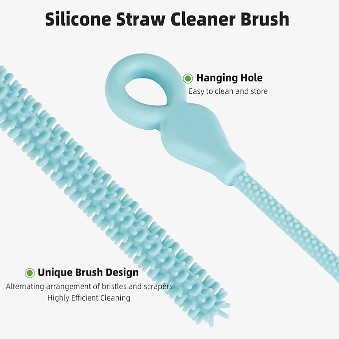 Silicone Straw Cleaner Brush, 4Pcs Reusable Straw Brush Set with Extra-Long Design for Cleaning Thin Metal Straws and Wider Milkshake Straws （6mm+9mm Blue)