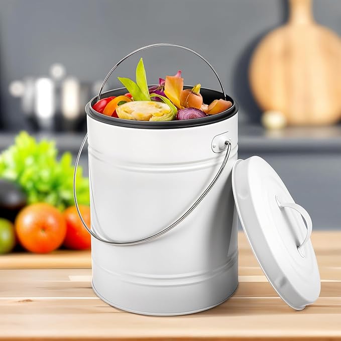 Plexon Kitchen Compost Bin with Lid, 1.3 Gallon Metal Countertop Compost Bucket Pail, Indoor Composter - White