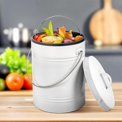 Plexon Kitchen Compost Bin with Lid, 1.3 Gallon Metal Countertop Compost Bucket Pail, Indoor Composter - White