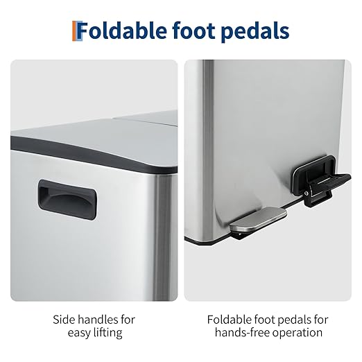Dual 2 x 8 gal (2 x 30L) Compartments Stainless Steel Trash Can, Soft-Close Sealed Lid, Foldable Foot Pedal, Removable Inner Buckets, Removable Plastic Inner Buckets, Garbage Bin for Kitchen, Office